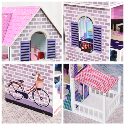 Maison de poupée en bois multi-équipements 3 niveaux escalier terrasses