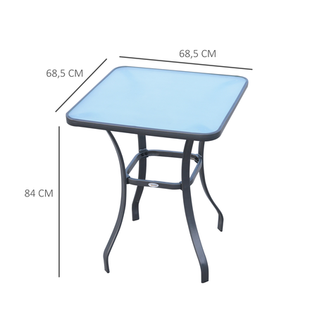 Table carrée bistro de jardin métal plateau verre trempé granité