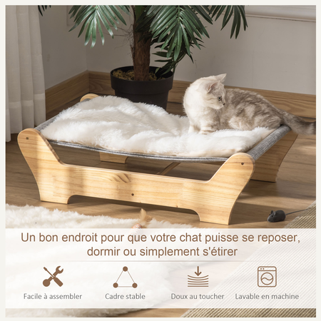 Lit hamac chien chat avec coussin peluche châssis bois pin