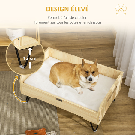 Canapé chien chat style cosy naturel avec coussin aspect fourrure blanc