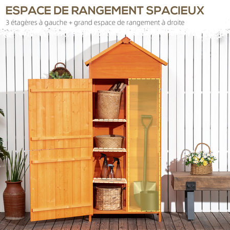 Armoire de jardin 3 étagères 2 portes loquets toit pente bitumé pin pré-huilé