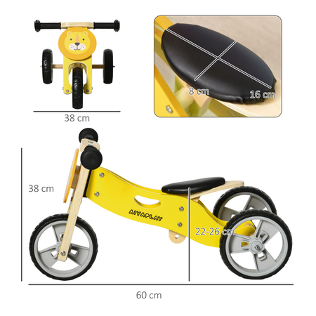 Tricycle draisienne enfant 2 en 1 selle réglable panneaux bois lion jaune