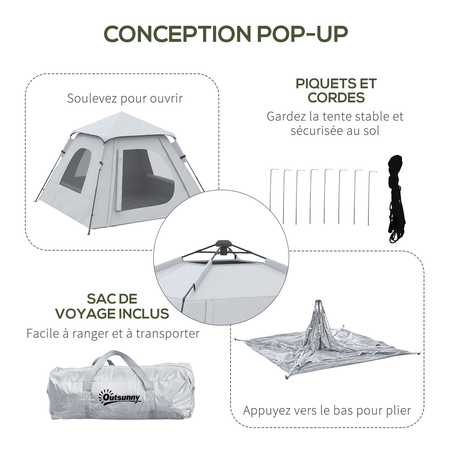 Tente de camping automatique pop up 2-3 pers. gris clair