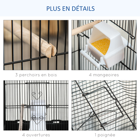 Cage à oiseaux volière avec perchoirs mangeoires noir