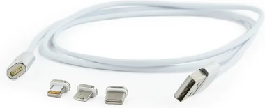 Câble USB 2.0 CableXpert vers Micro USB, Type C & Lightning embouts magnétiques 1m (Blanc)