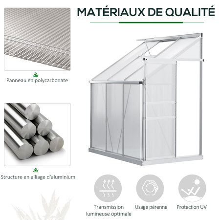 Serre de jardin adossée aluminium polycarbonate 2,44 m² fenêtre porte coulissante