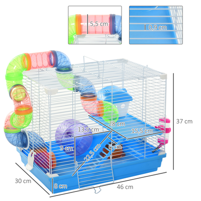 Cage à hamster rongeur 2 niveaux avec accessoires métal blanc PP bleu