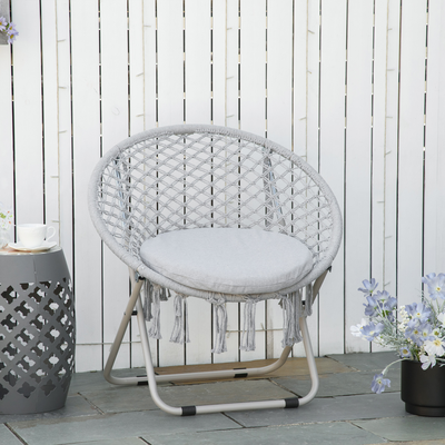 Loveuse fauteuil lune rond de jardin pliable macramé coton polyester gris