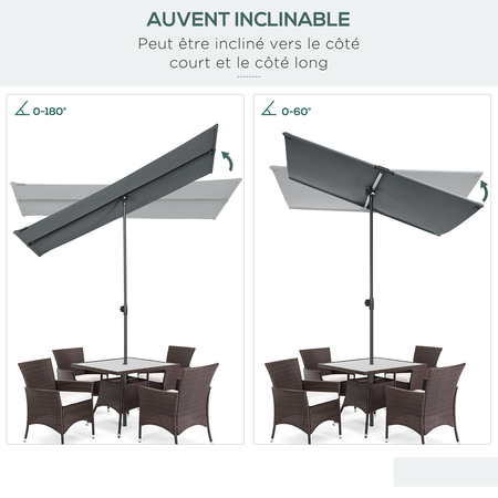 Parasol de jardin inclinable toile plate hauteur réglable gris