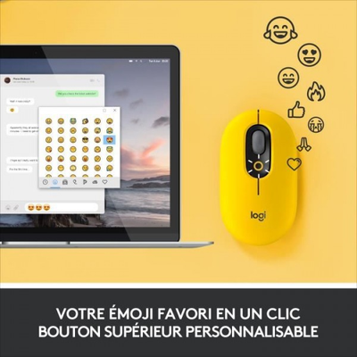 Souris Sans Fil Logitech POP Mouse avec Emojis Personnalisables, Bluetooth, USB, Multidispositifs - Jaune