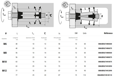 Chevilles multi-matériaux charges lourdes acier zingué avec vis M12X90 boîte de 25 - SCELL-IT - XMAX-BOLT-M12X90