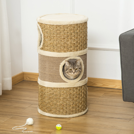 Tour à griffer pour chat - 3 niches, plateforme - sisal corde d'algues beige