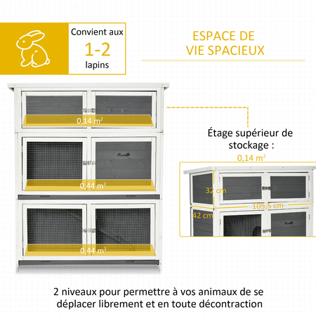 Clapier cage à lapin 2 étages + niveau de rangement bois sapin gris blanc