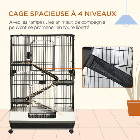 Cage pour cochons d'Inde chinchilla rongeur sur roulettes métal PP noir gris