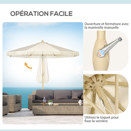 Parasol octogonal inclinable Ø 2,65 x 2,44H m métal apsect bois tissu beige