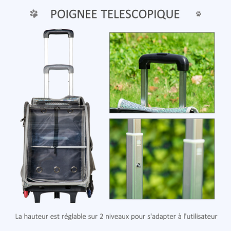 Sac à dos trolley chariot sur roulettes 2 en 1 pour chien chat gris