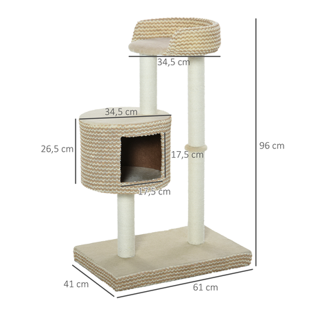 Arbre à chats style cosy chic griffoirs niche plateforme bicolore beige café