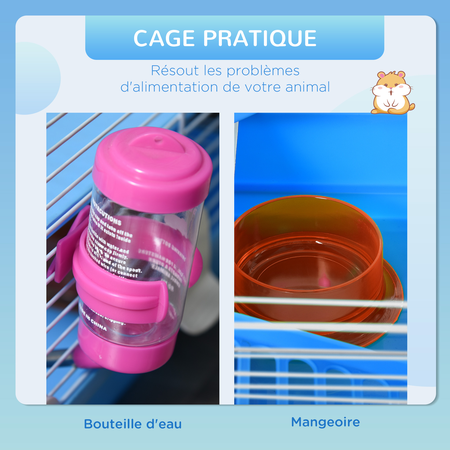 Cage à hamster rongeur 2 niveaux avec accessoires métal blanc PP bleu