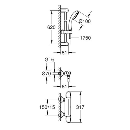 Mitigeur thermostatique douche GROHTHERM 1000 1/2'' + ensemble de douche - GROHE - 34825001