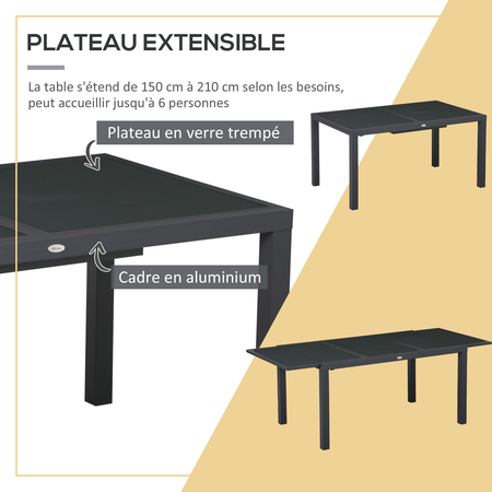 Ensemble de jardin 6 personnes table extensible plateau verre trempé gris