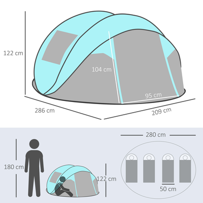 Tente de camping pop-up 3-4 personnes fibre verre polyester bleu gris
