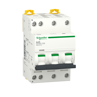 Disjoncteur modulaire ACTI9 IDT40T 3P+N courbe C 4500A / 6kA 20A - SCHNEIDER ELECTRIC - A9P22720