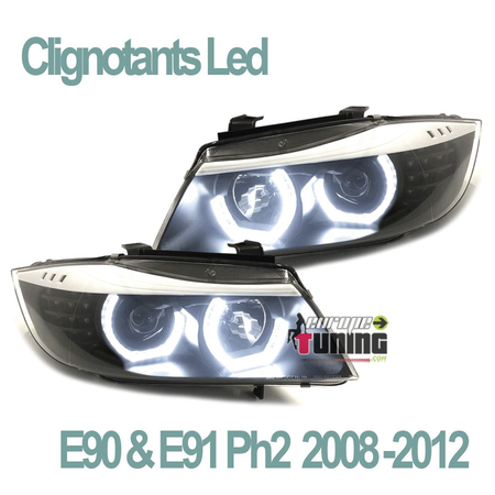 PHARES NOIRS FEUX ANGEL EYES ANNEAUX LED BMW SERIE 3 E90 & E91 PH2 08-12 (03943)