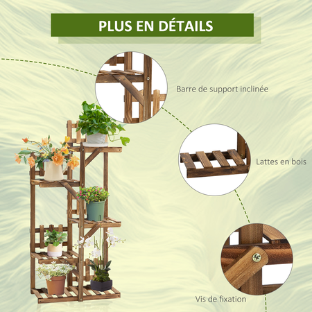 Étagère à fleurs en bois - porte plante bois 6 tablettes bois sapin