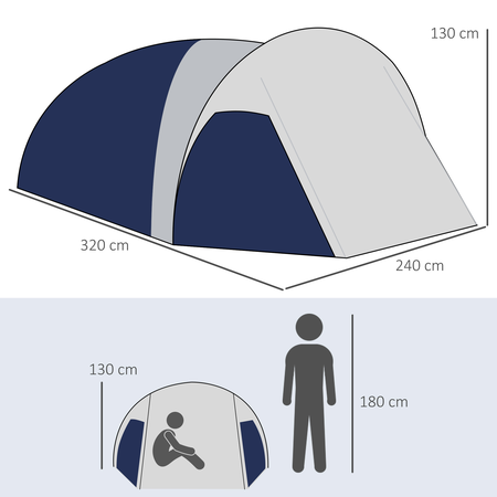 Tente de camping 3-4 personnes fibre verre polyester bleu gris