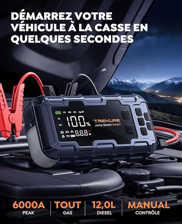 TREKURE 10-in-1 Booster Batterie Voiture 6000A – Démarreur avec Compresseur 160 PSI, 26800 mAh, 45W Charge Rapide, 600 LED, Grand Écran – 12V Jump Starter pour Tous Gaz et 12L Diesel