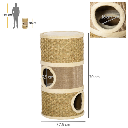 Tour à griffer pour chat - 3 niches, plateforme - sisal corde d'algues beige