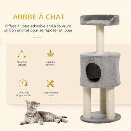 Arbre à chat griffoirs niche plateforme peluche grise