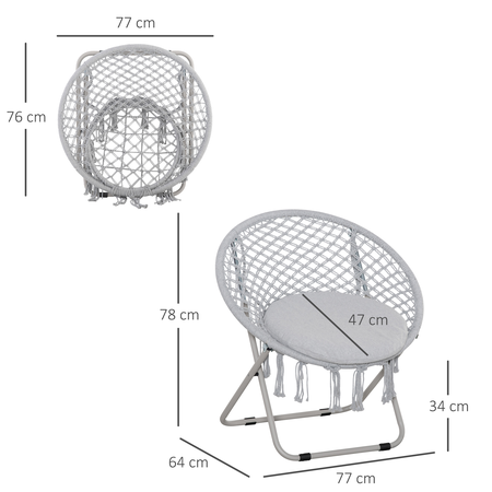 Loveuse fauteuil lune rond de jardin pliable macramé coton polyester gris