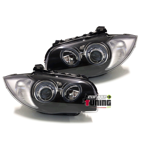 PHARES FEUX AVANTS NOIRS ANGEL EYES LED BMW SERIE 1 E87 E88 E81 E82 2004 à 2011﻿ (00822)