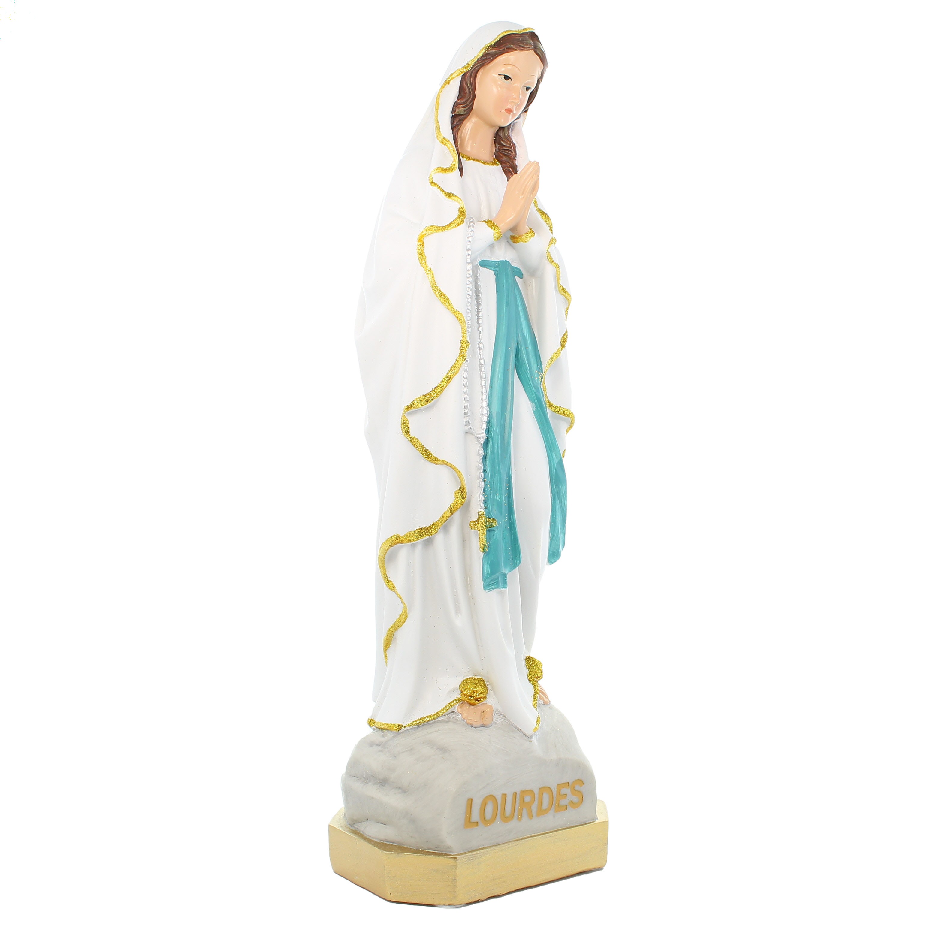 Statue de Notre Dame de Lourdes avec liseret pailleté doré ,résine de 40cm