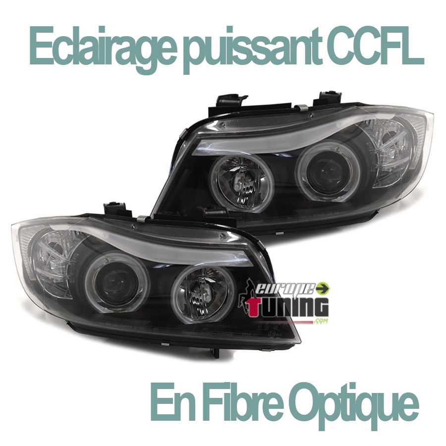 PHARES FEUX NOIRS ANGEL EYES ANNEAUX LED CCFL BMW SERIE 3 E90 & E91 PHASES 1 05-08 (00754)