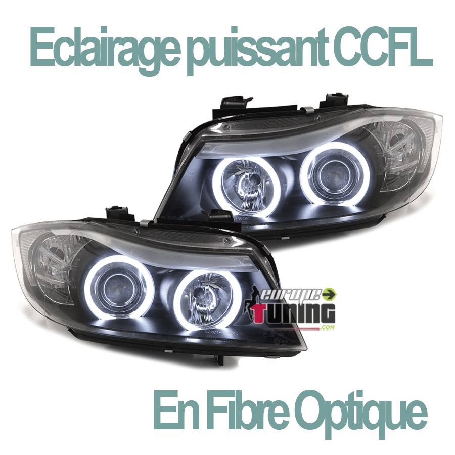 PHARES FEUX NOIRS ANGEL EYES ANNEAUX LED CCFL BMW SERIE 3 E90 & E91 PHASES 1 05-08 (00754)