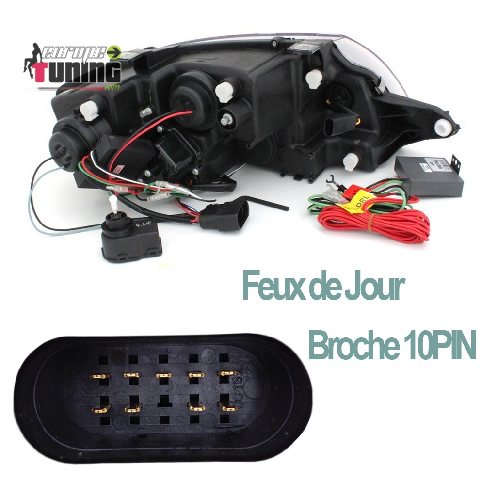 FEUX PHARES AVANTS NOIRS LED DE JOUR DIURNES DRL AUDI TT 8N 1998-2006 10 PIN (00358)