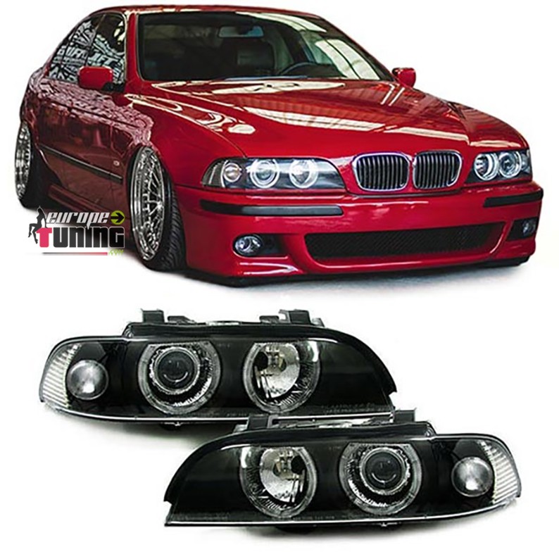 PHARES FEUX AVANTS NOIRS ANGEL EYES ANNEAUX LEDS BMW SERIE 5 E39 PHASE 1 (10081)