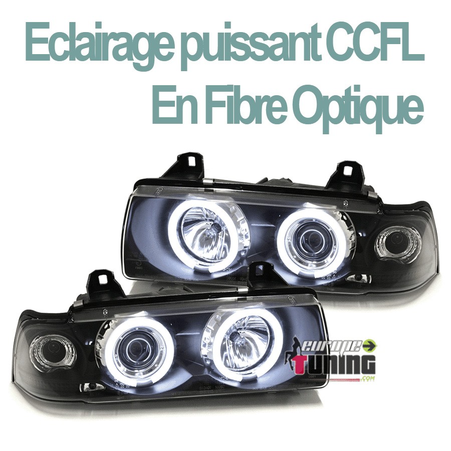 PHARES FEUX NOIRS ANNEAUX CCFL ANGEL EYES BMW SERIE 3 E36 COUPE CABRIOLET (00508)