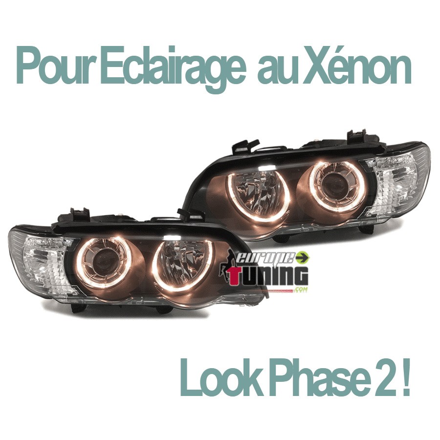 PHARES NOIRS A ANNEAUX LED ANGEL EYES BMW X5 E53 1999-2003 PHASE 1 FEUX XENON (13668)