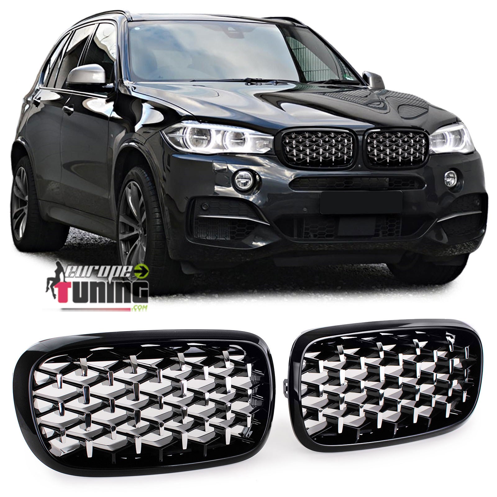 CALANDRES SPORT LUXE STYLE DIAMANT NOIR ET CHROME BMW X5 F15 ET X6 F16 (04939)