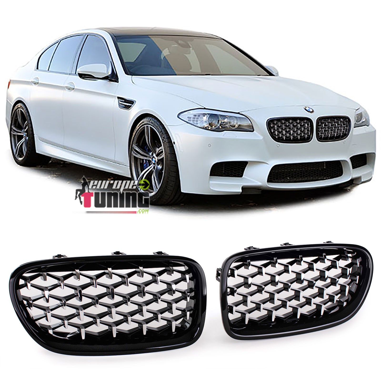 CALANDRES SPORT LUXE STYLE DIAMANT NOIR ET CHROME POUR BMW SERIE 5 F10 ET F11 (04933)