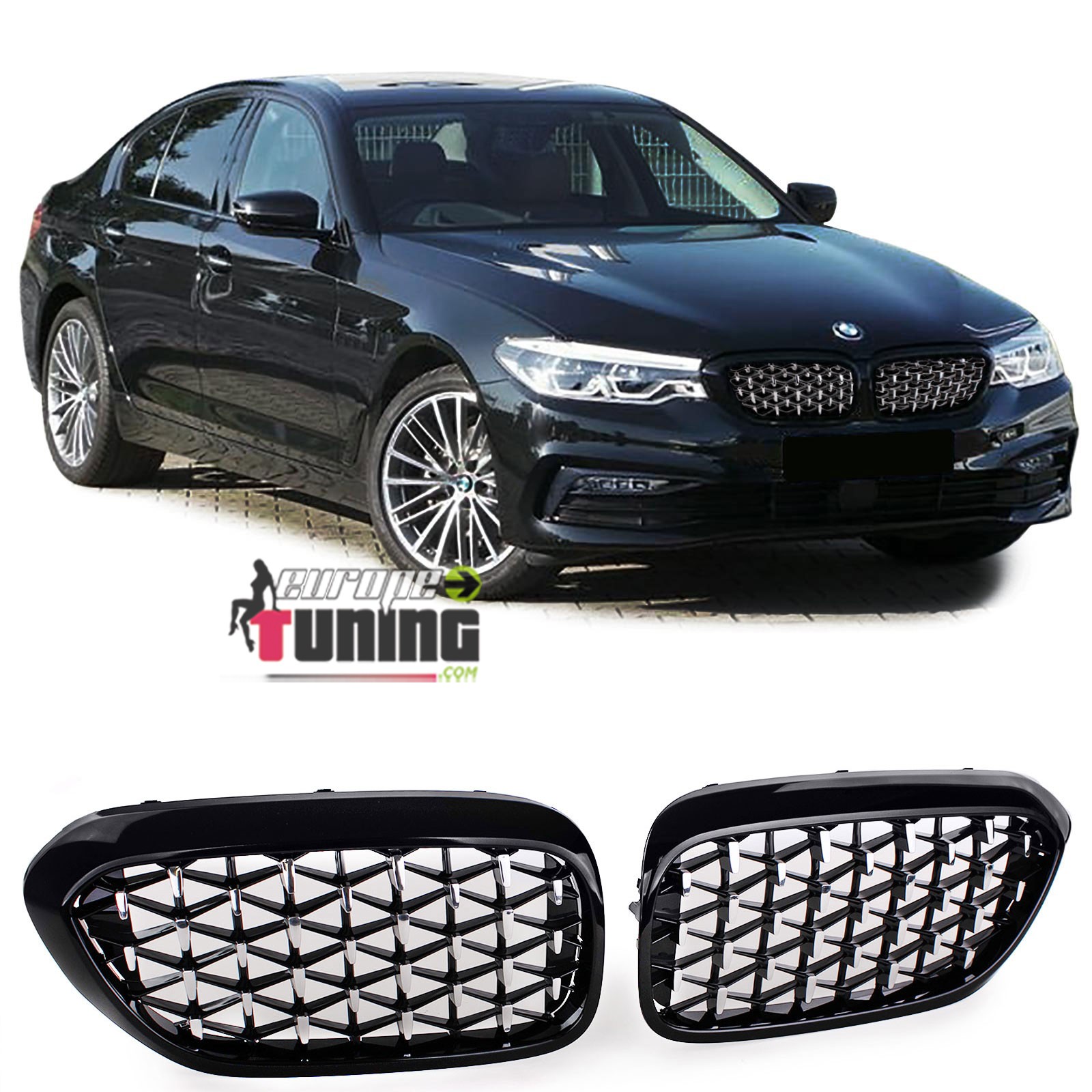 CALANDRES SPORT LUXE STYLE DIAMANT NOIR ET CHROME BMW SERIE 5 G30 G31 F90 (04936)