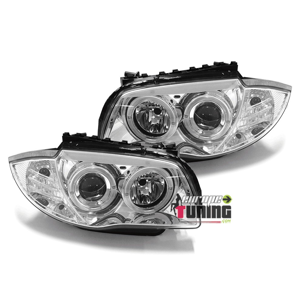 PHARES FEUX AVANTS CHROME ANGEL EYES LED BMW SERIE 1 E87 E88 E81 E82 2004 à 2011﻿ (02861)