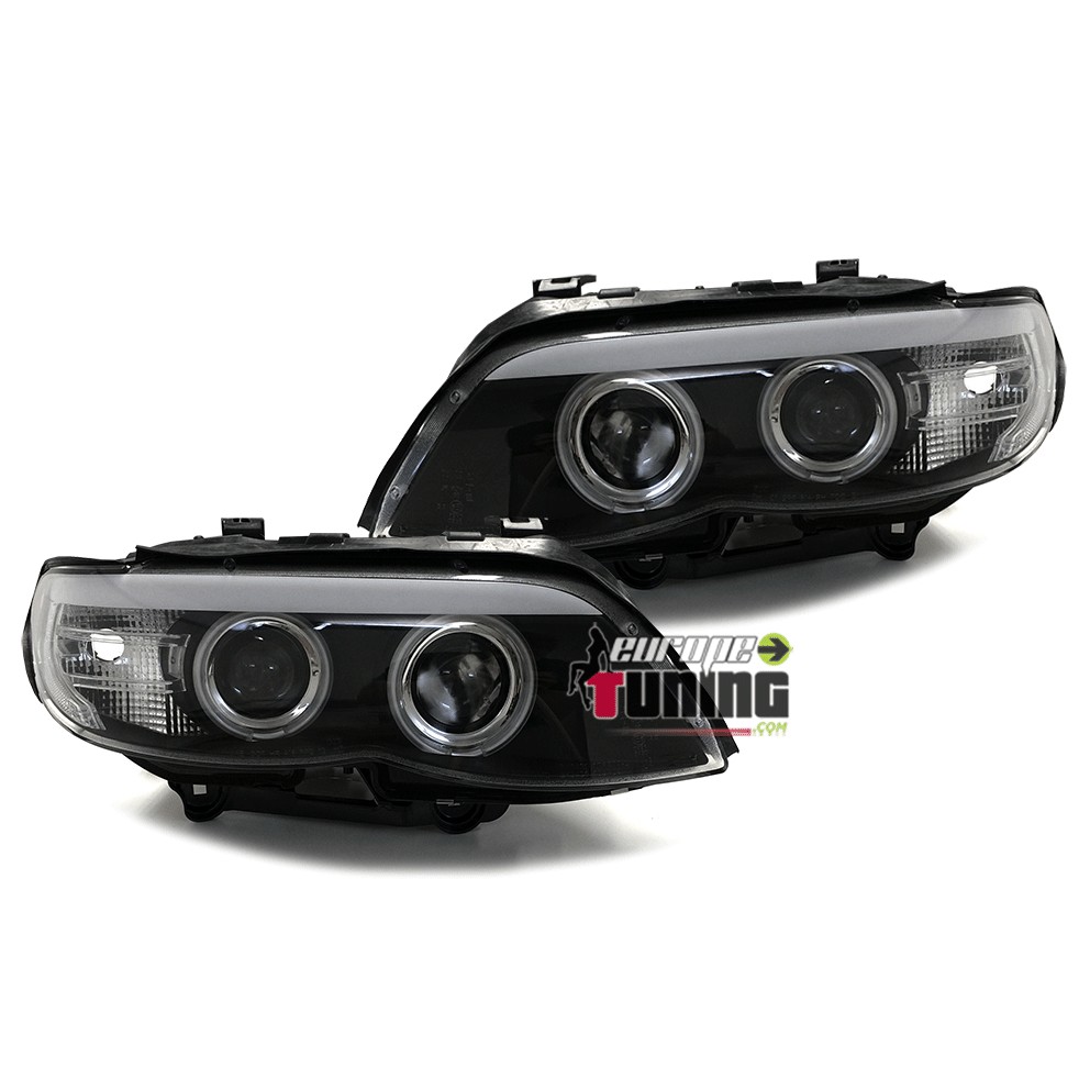 PHARES FEUX NOIRS ANNEAUX ANGEL EYES LEDS CCFL BMW X5 E53 FACELIFT AU XENON 2003-2007 (03189)