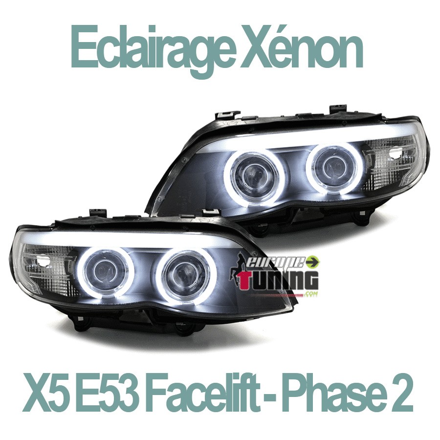 PHARES FEUX NOIRS ANNEAUX ANGEL EYES LEDS CCFL BMW X5 E53 FACELIFT AU XENON 2003-2007 (03189)