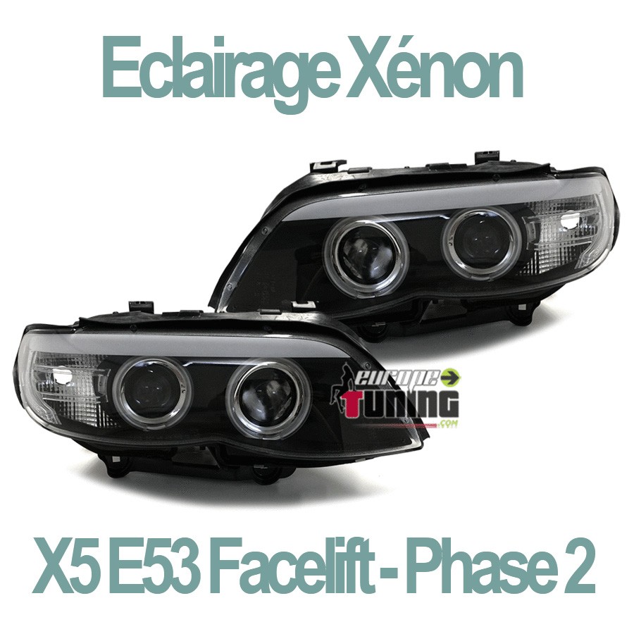 PHARES FEUX NOIRS ANNEAUX ANGEL EYES LEDS CCFL BMW X5 E53 FACELIFT AU XENON 2003-2007 (03189)