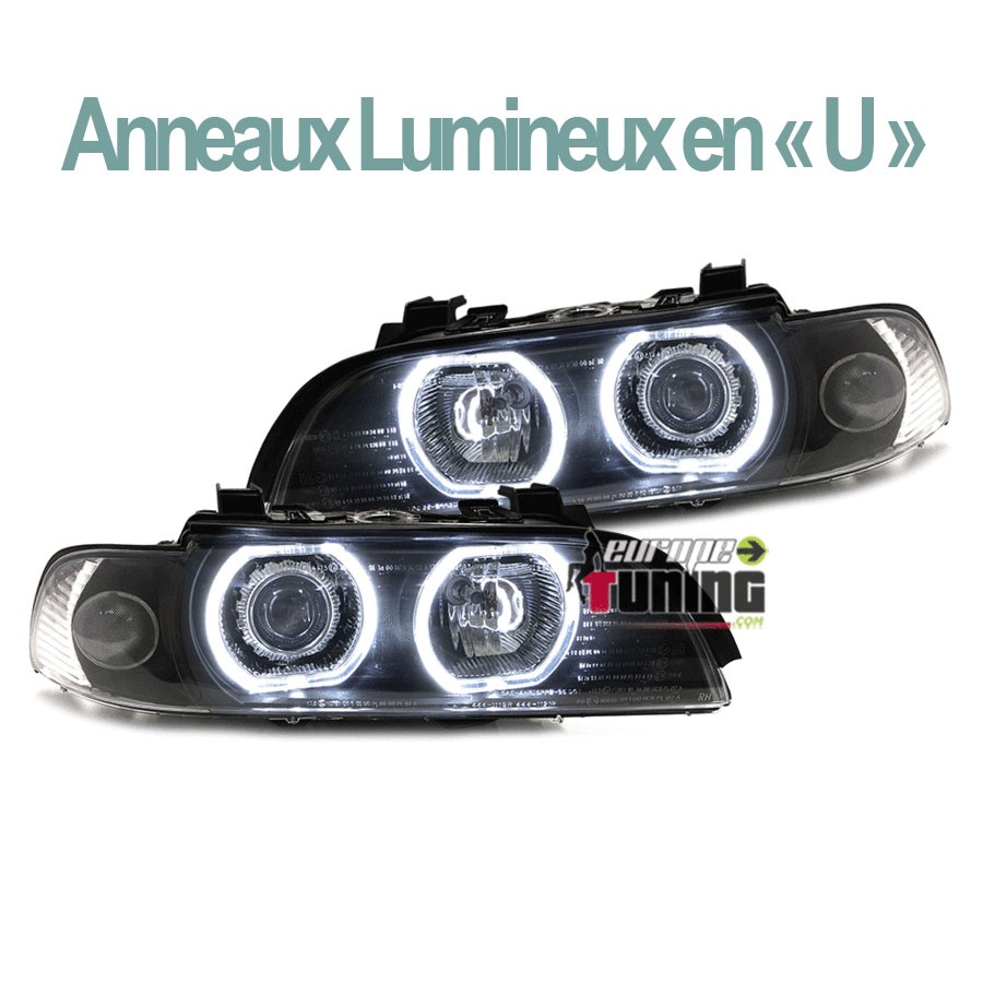 PHARES FEUX AVANTS NOIRS ANNEAUX ANGEL EYES EN U A LEDS BMW SERIE 5 E39 PHASE 1 (03630)