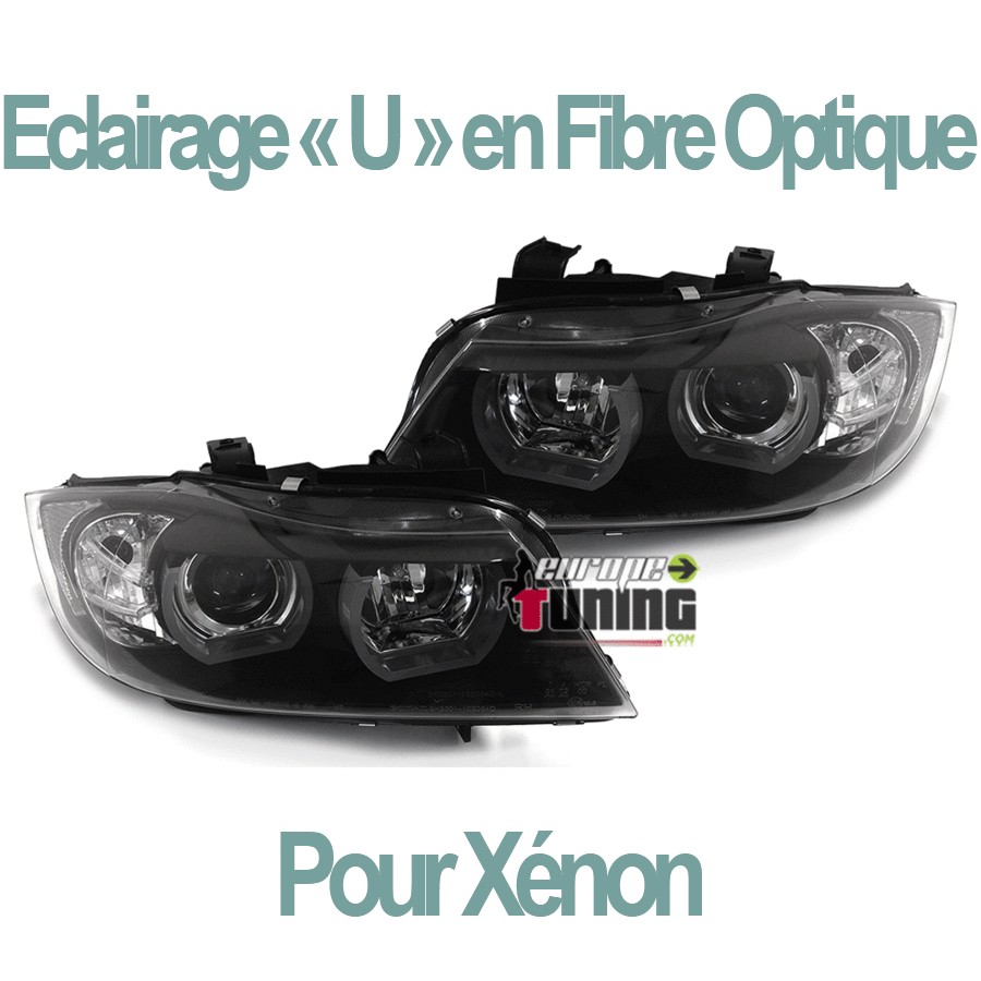 PHARES FEUX AVANTS NOIRS LEDS CELIS EN U BMW SERIE 3 E90 & E91 PHASES 1 05-08 AU XENON (04277)